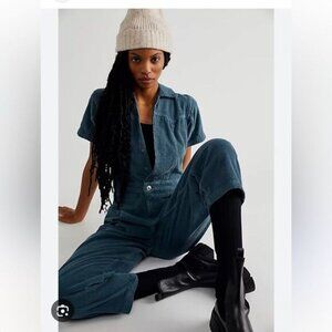 We The Free Marla Cord Blue Corduroy Utility Inspired Pockets Cropped Jumpsuit